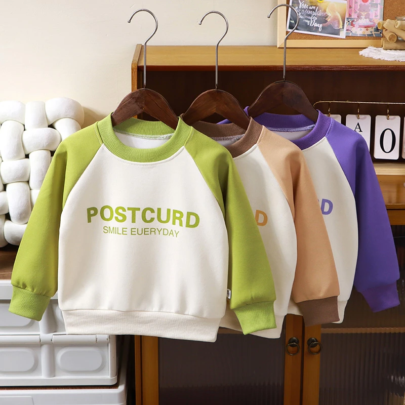 儿童春秋季拼接卫衣男女童新款春秋插肩洋气长袖宝宝圆领时尚上衣