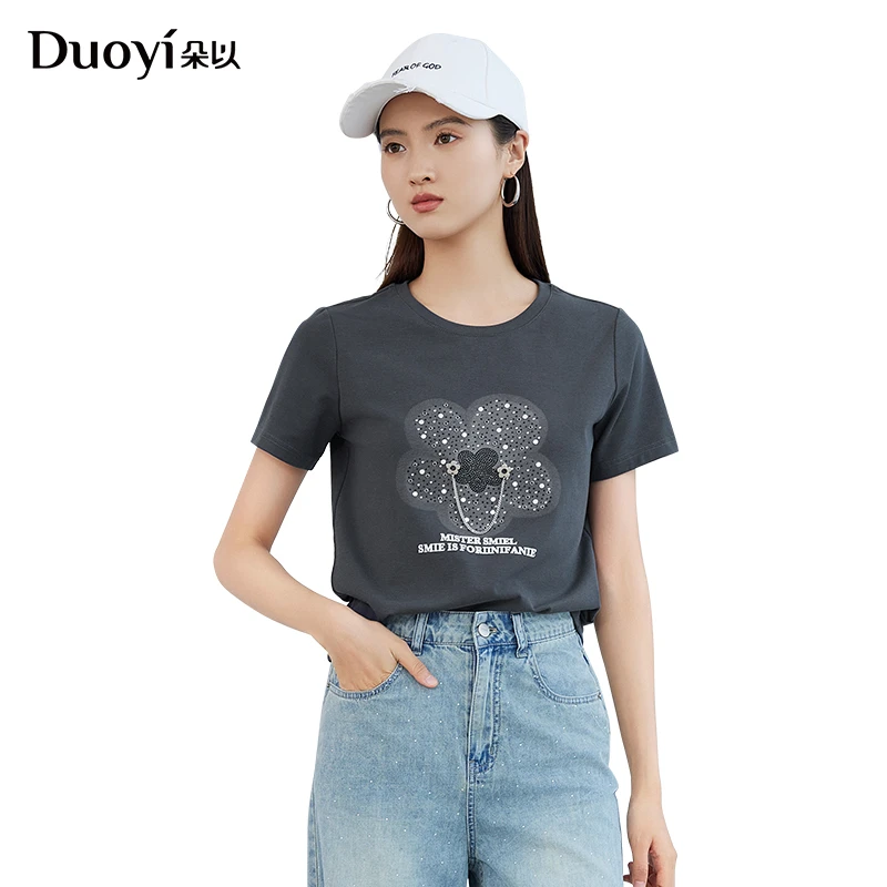 朵以2024夏新款百搭圆领花朵烫钻字母印花短袖T恤女39DQ337013