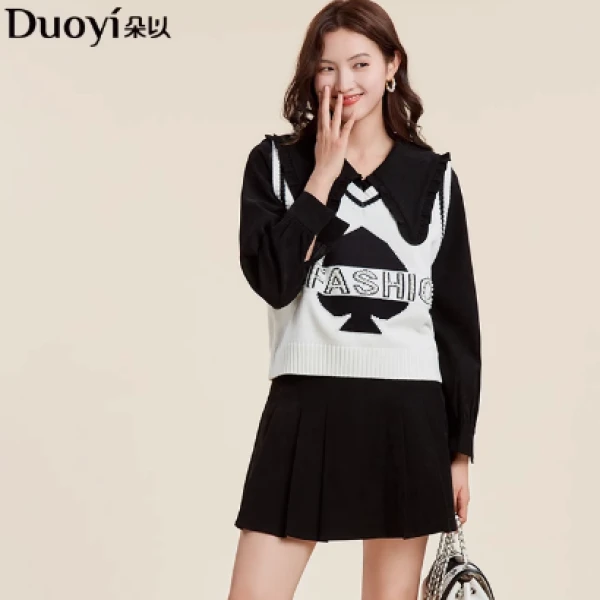 朵以2024秋冬新款套装休闲花边领衬衫针织马甲两件套38DD530075