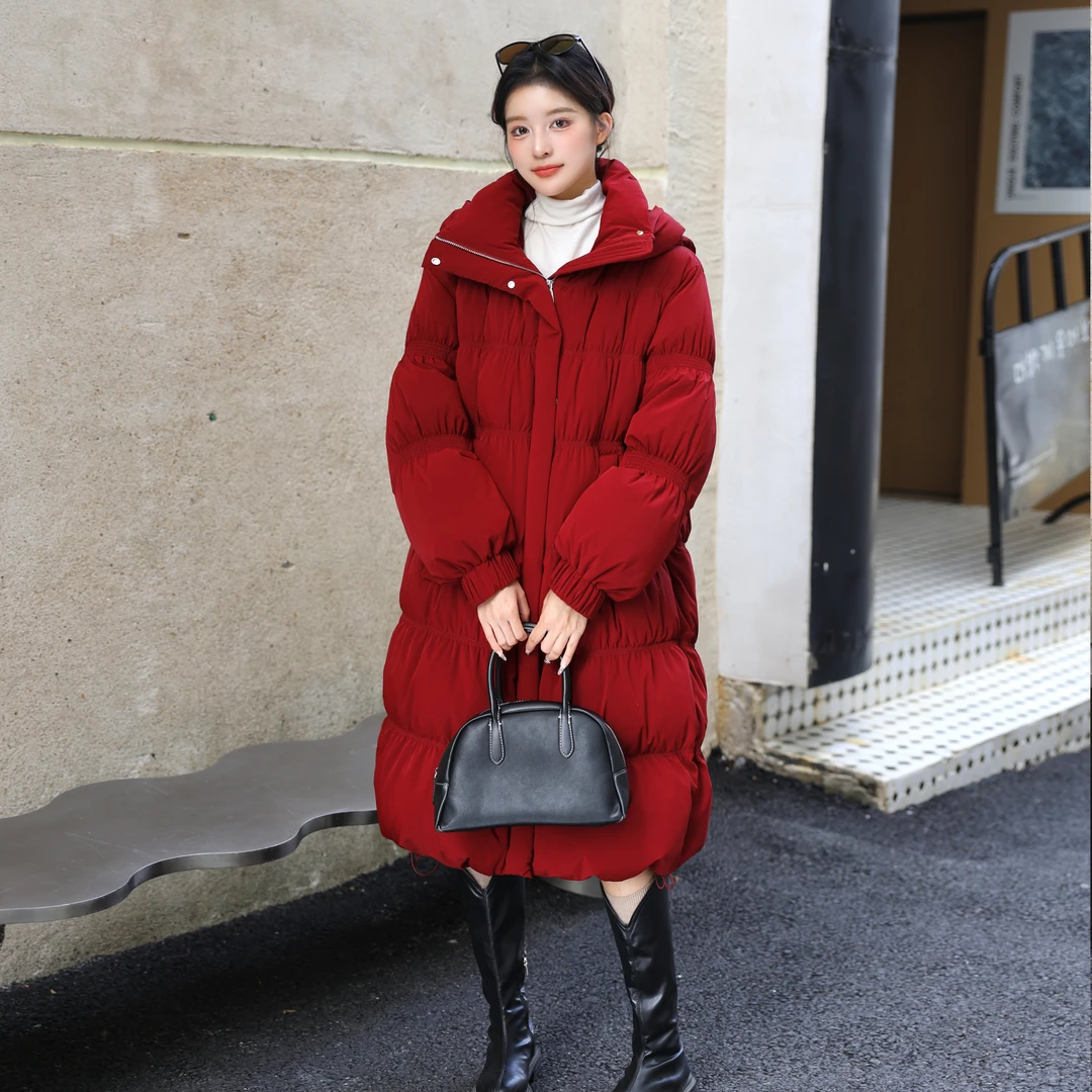 2024冬季长款毛毛虫加厚款时尚羽绒服长款纯色连帽韩版外套241255