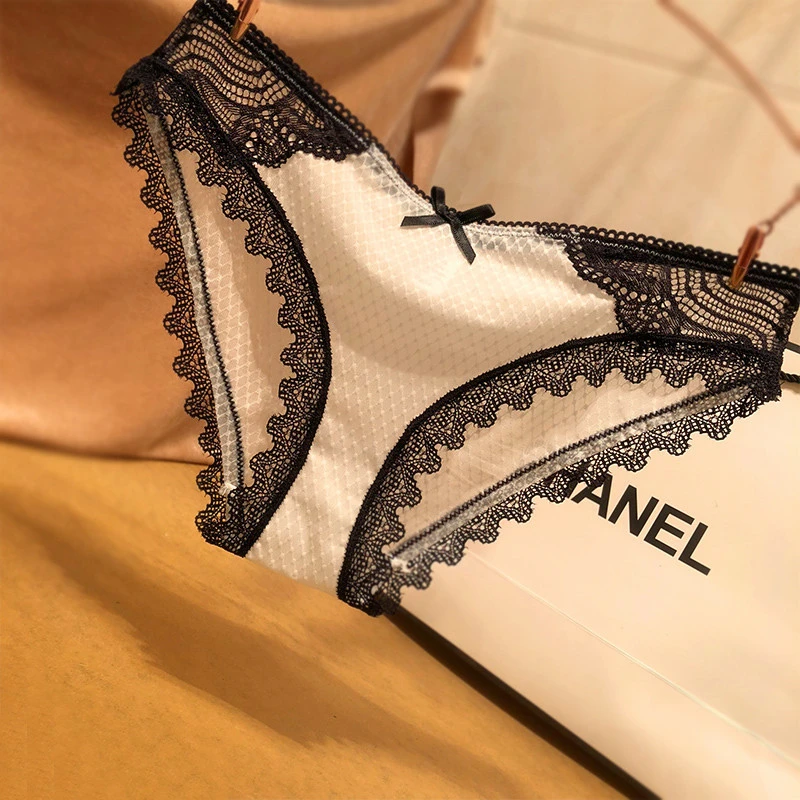 日系性感蕾丝内裤女无痕时尚透气网纱撞色系低腰弹力女士三角裤