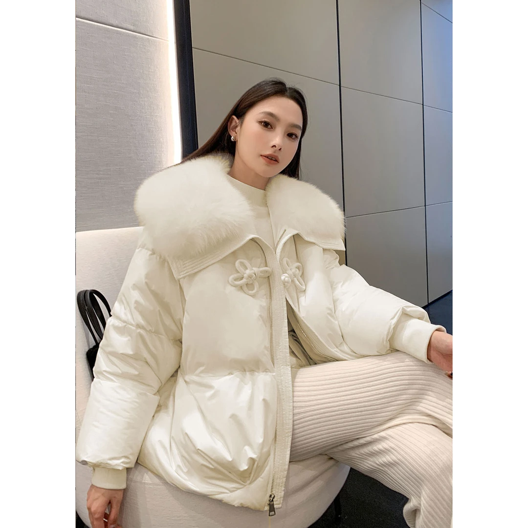 盘扣大毛领棉服女冬装大码宽松加厚设计感新中式国风时尚棉衣外套