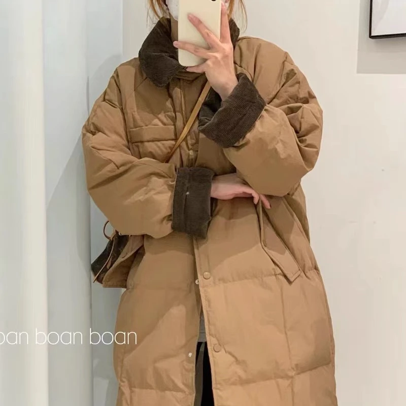 2023新款灯芯绒领拼接中长款宽松休闲白鸭绒羽绒服