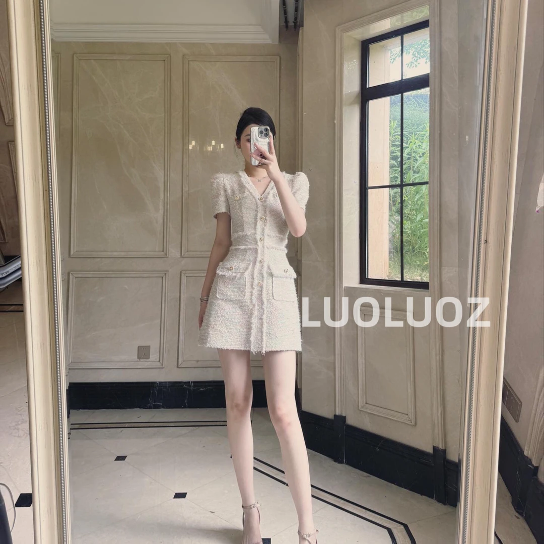 【现货】LUOLUOZ【梵花梦】气质流苏设计感V领时尚短款连衣裙H81632