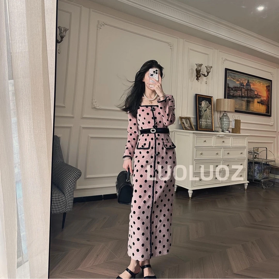【现货】LUOLUOZ【花影万人迷】秋季气质撞色波点收腰长款连衣裙JF345