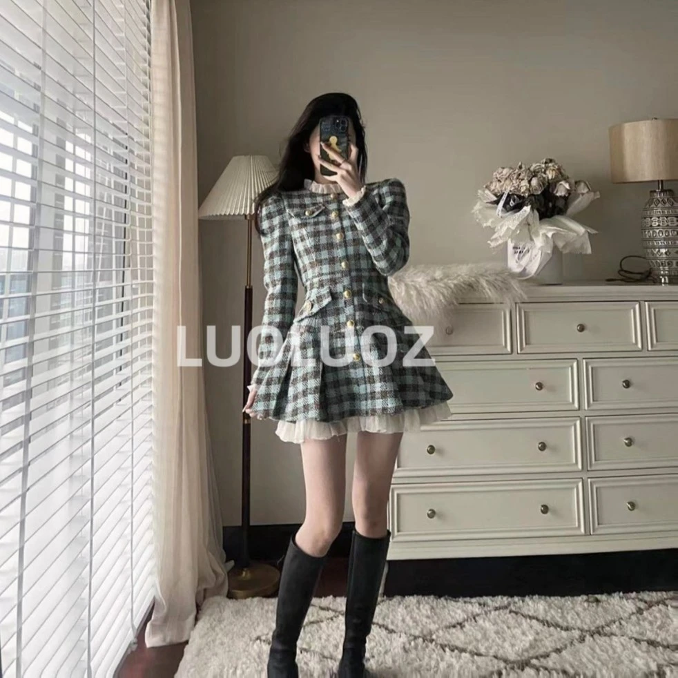 【现货】LUOLUOZ【薄荷生巧】小香编织精致宫廷拼接连衣裙8731