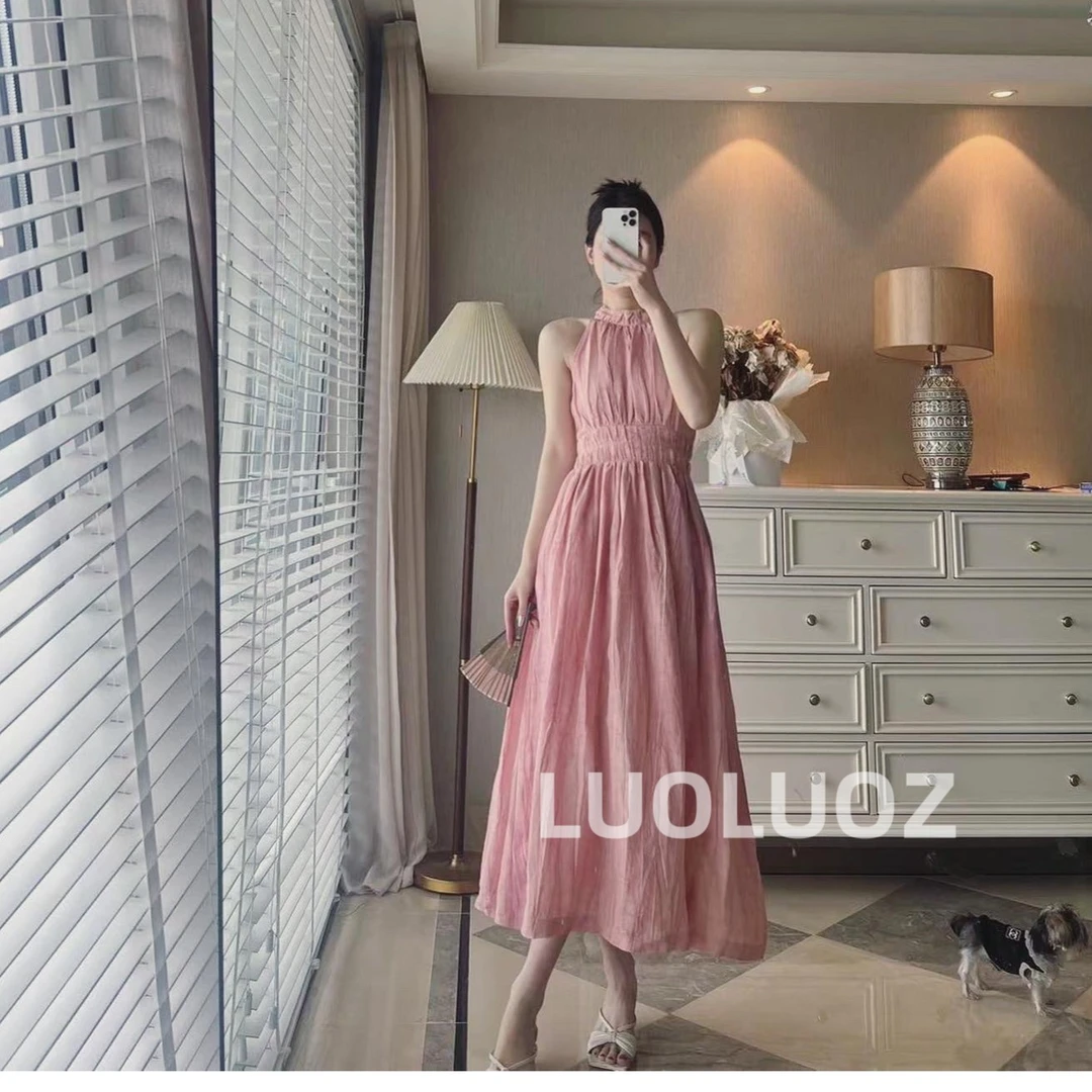 【现货】LUOLUOZ【粉雾海】挂脖茶歇高级感收腰无袖露肩连衣裙H3004