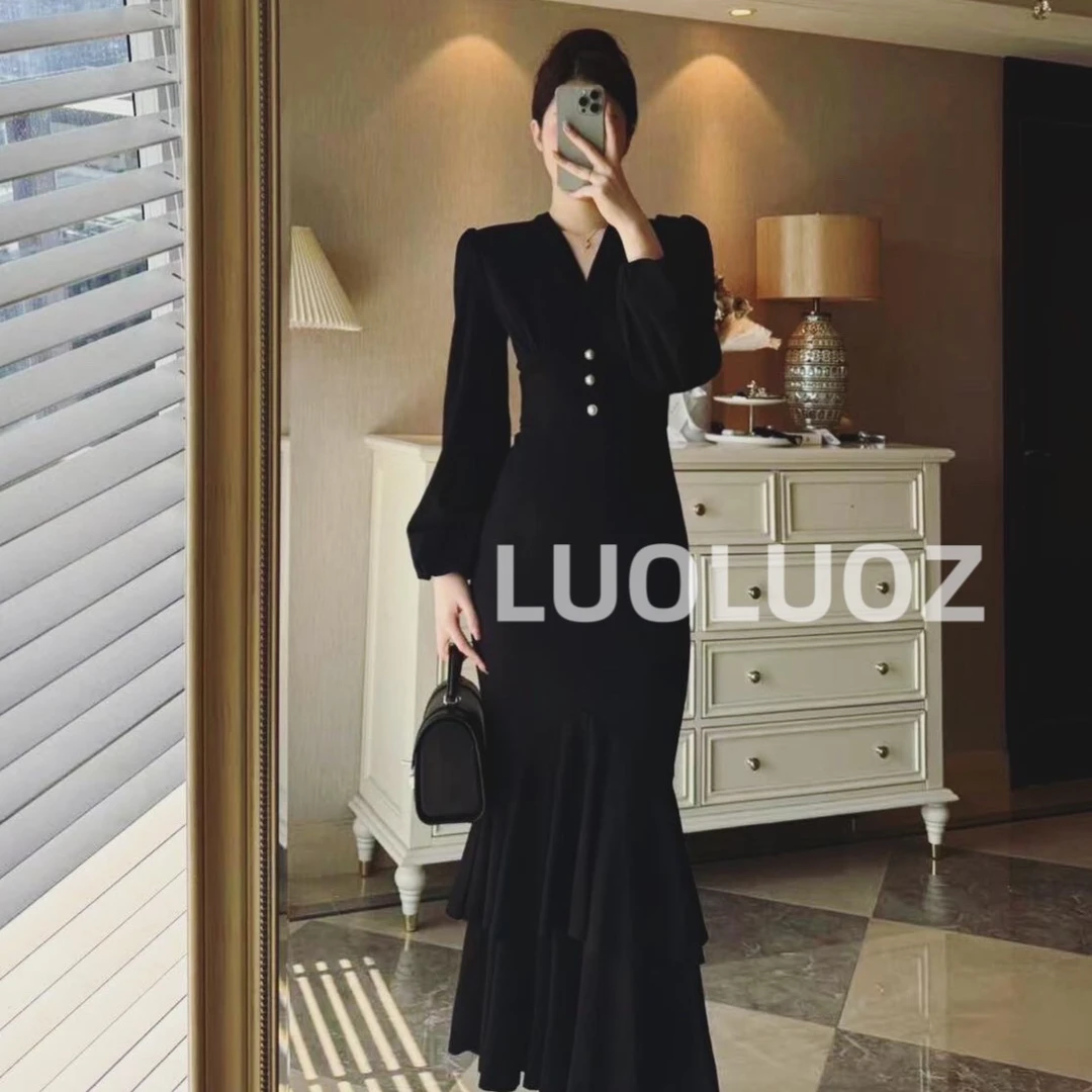 【现货】LUOLUOZ【飞鸟与鱼】气质轻熟风显瘦收腰鱼尾长款连衣裙H7690