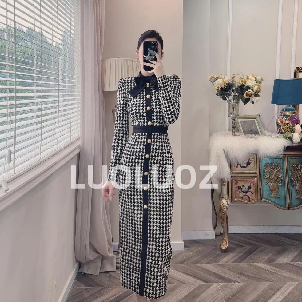 【现货】LUOLUOZ【丝兰曲奇】法式千鸟蝴蝶结修身长袖连衣裙A8535