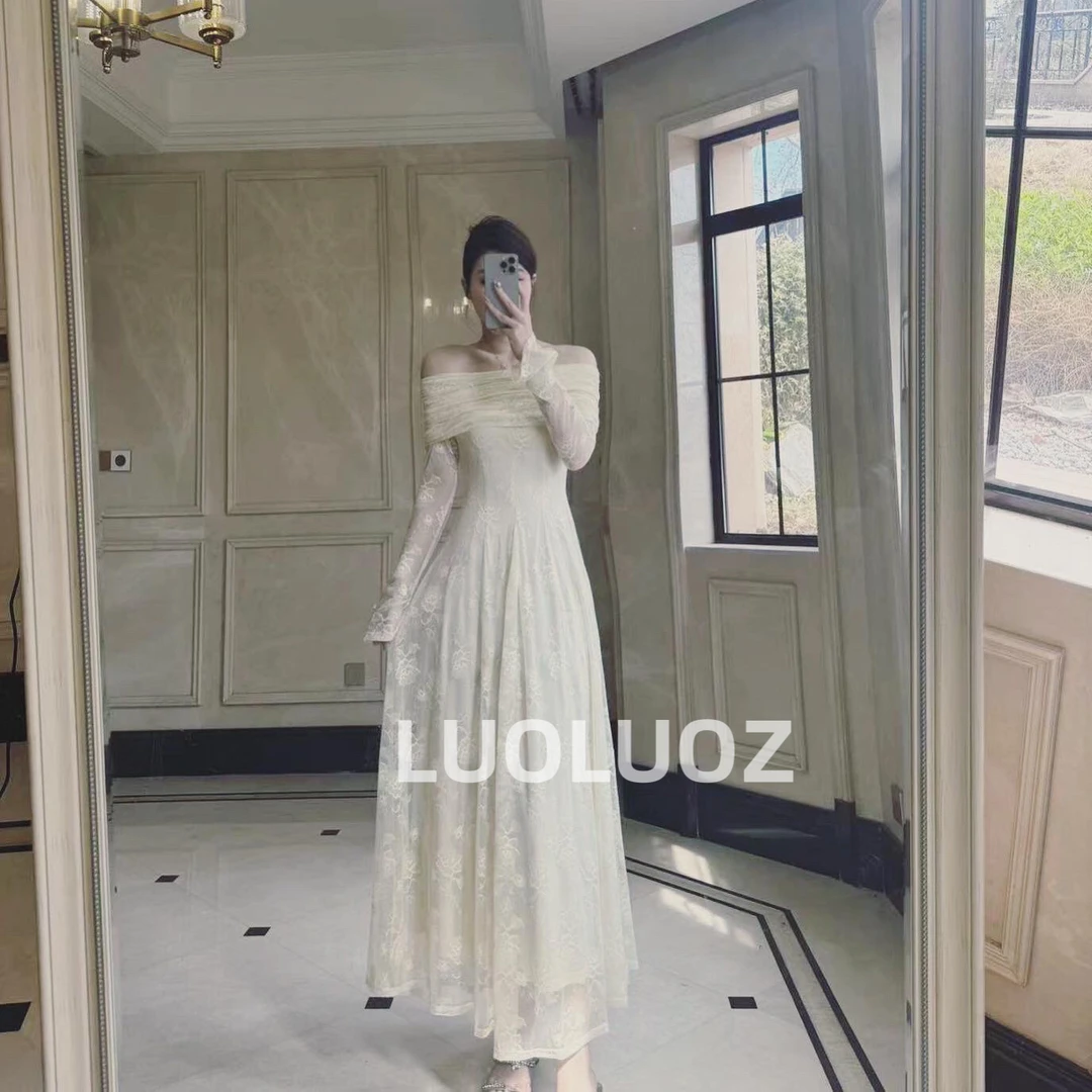 【现货】LUOLUOZ【风季暖阳】小众优雅一字肩长袖蕾丝气质连衣裙H5680