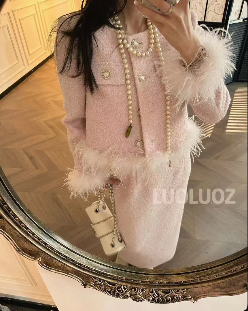 【现货】LUOLUOZ【冬日恋歌】羽绒驼鸟毛上衣外套半身长裙两件套JF438