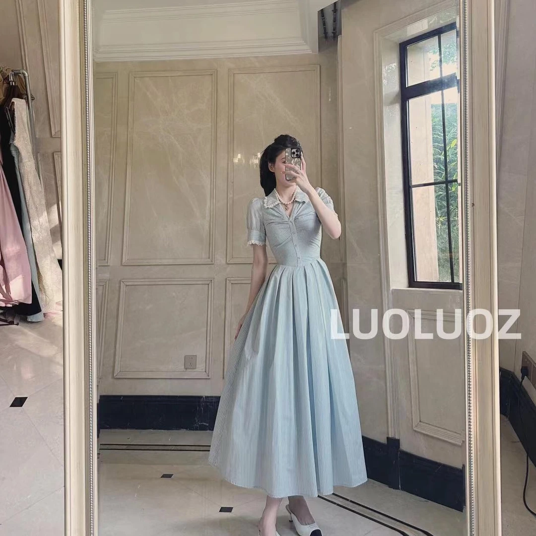 【现货】LUOLUOZ【泡沫之夏】温柔风气质收腰polo领长款连衣裙H81583