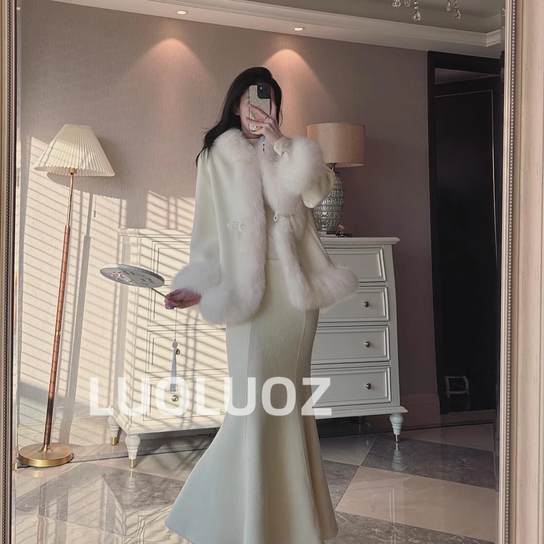 【现货】LUOLUOZ【温暖冬日】双面羊毛狐狸毛外套＋半身长裙两件套m90