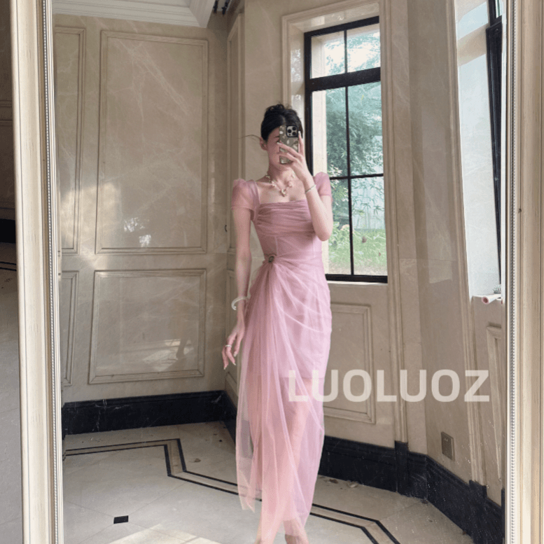 LUOLUOZ【松弛夏日】高级薄纱氛围感假两件气质束腰连衣裙H81763