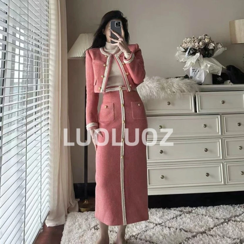 【现货】LUOLUOZ【冬日西柚】优雅指代拼接外套修身半裙套装H713