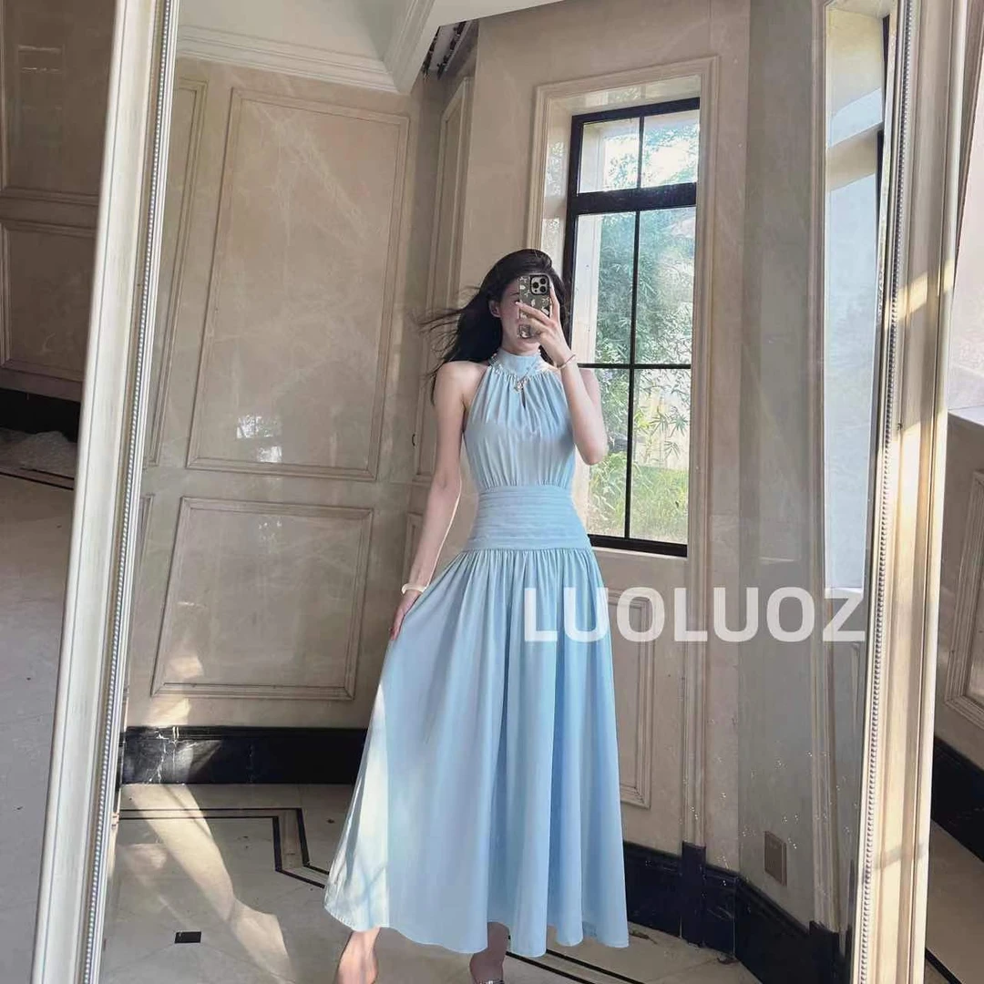 【现货】LUOLUOZ【雾云浅夏】绝美挂脖设计感收腰长款连衣裙H81766