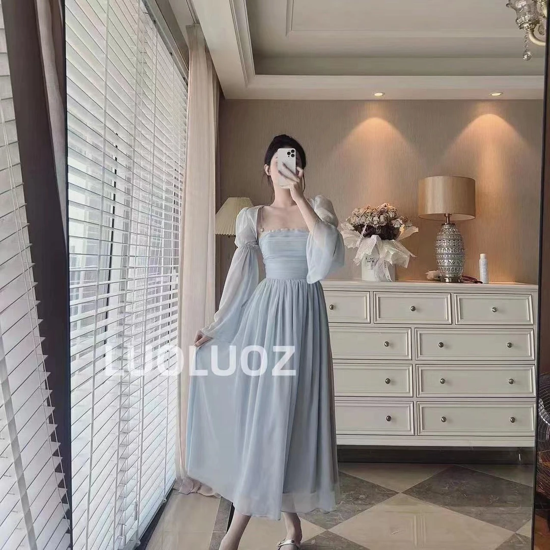 【现货】LUOLUOZ【蓝色妖姬】收腰设计感甜美泡泡袖两件套A9131