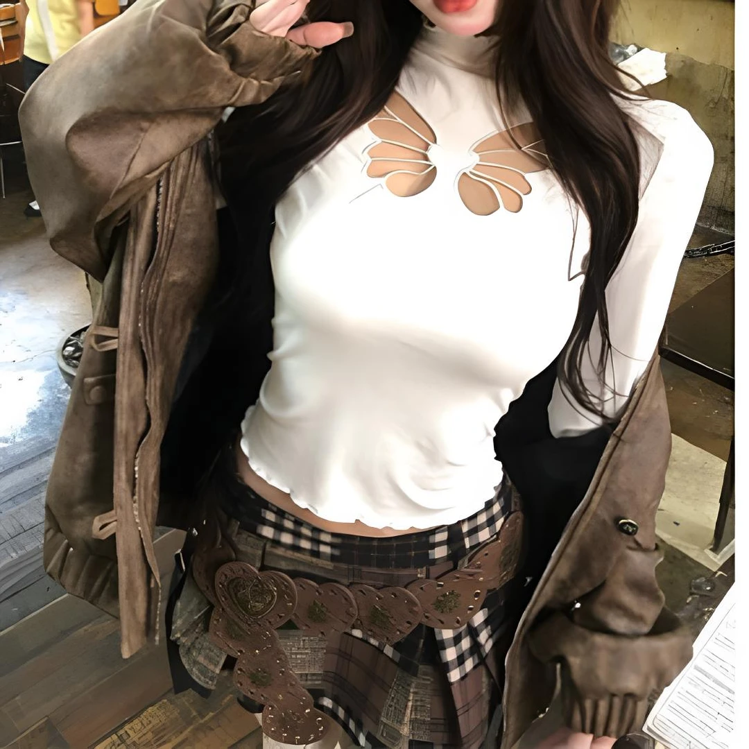 T恤长袖蝴蝶纯色镂空修身小众ins显瘦套装打底衫