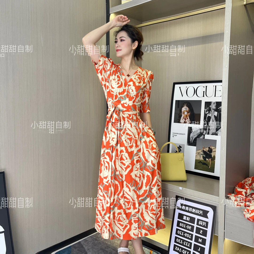 夏季法式连衣裙短袖收腰修身V领绑带法式碎花连衣裙A字长裙8819#