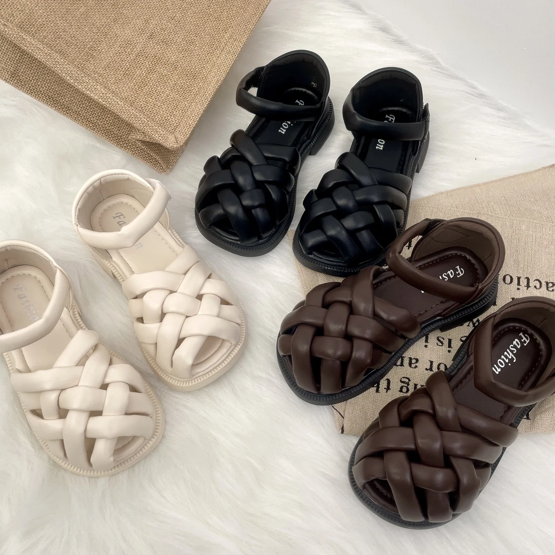 2024夏季新款交叉编织女童凉鞋中大童纯色简约沙滩鞋