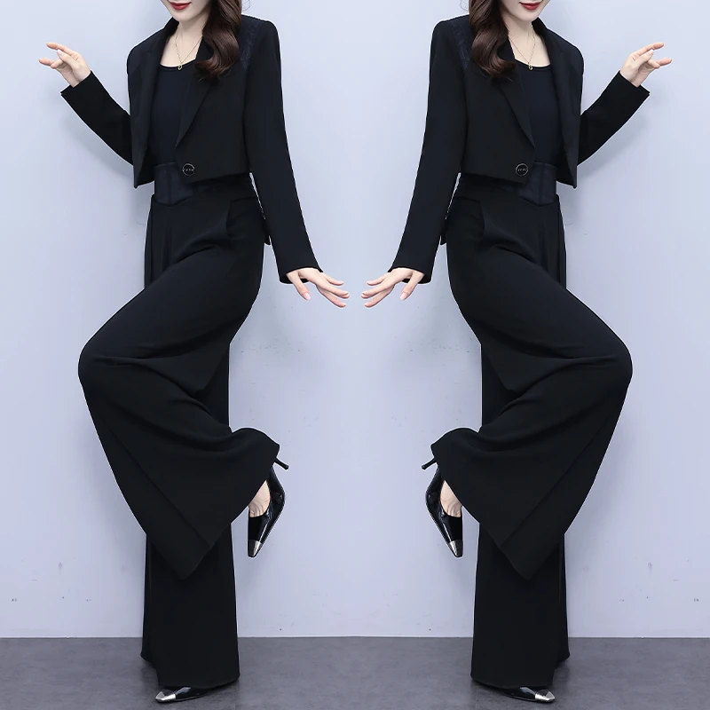黑色三件套女西装2024秋季新款高腰阔腿裤短款外套时尚气质套装