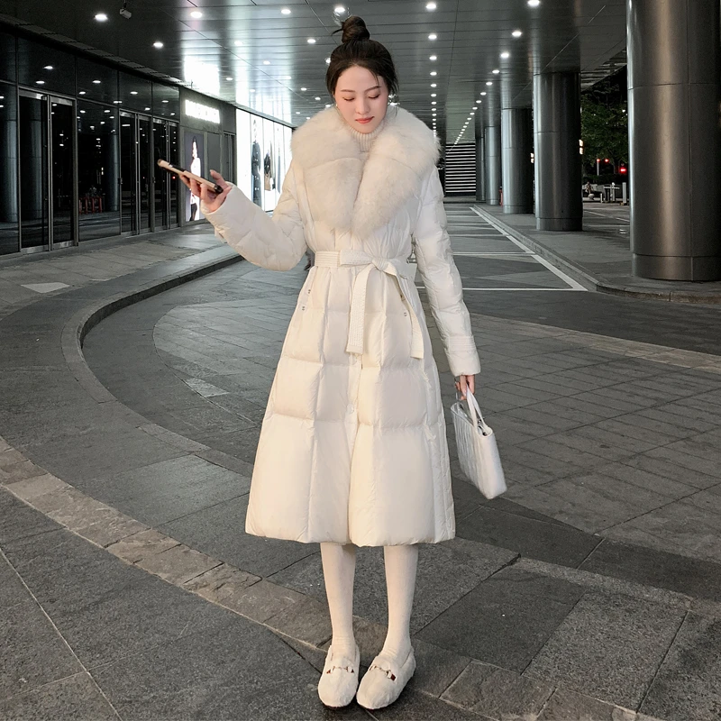 白色90白鹅绒羽绒服女中长款2024冬新款修身收腰极寒加厚保暖外套