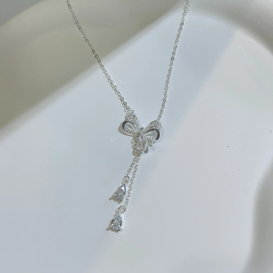 坠链均足银 足银990蝴蝶结锆石流苏项链女纯银锁骨链韩版淑女可爱