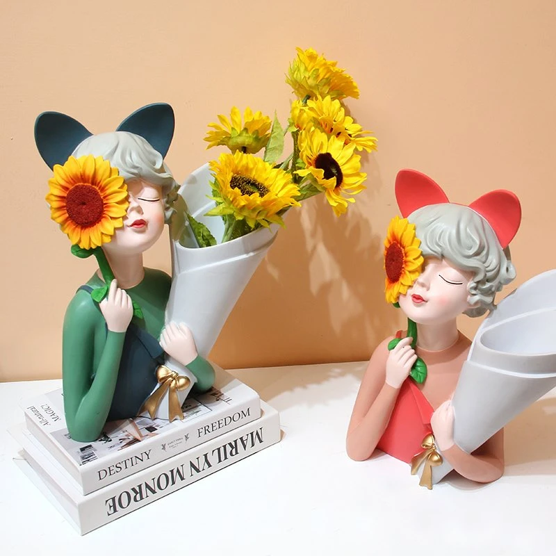 向日葵捧花女孩花瓶摆件创意家居客厅餐桌插花干花玄关电视柜装饰