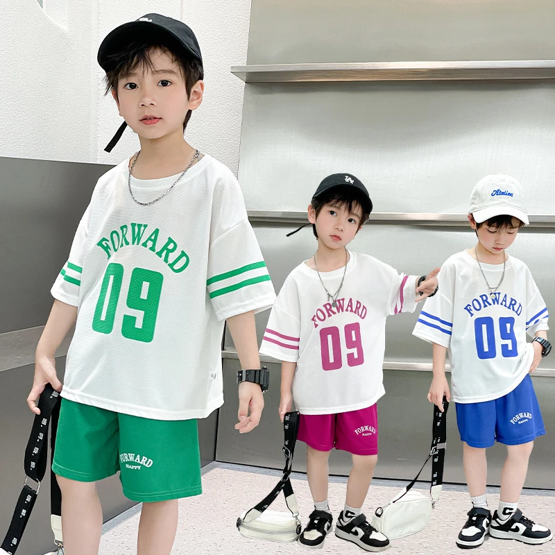 华夫格09儿童运动套装夏款时尚短袖套装宽松帅气透气亲肤中大童