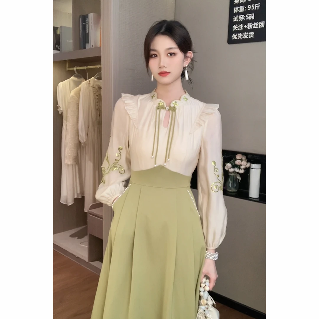 【梦梦&GERTC】青娴末韵 原创设计款彩绣拼接气质连衣裙CC233A1020