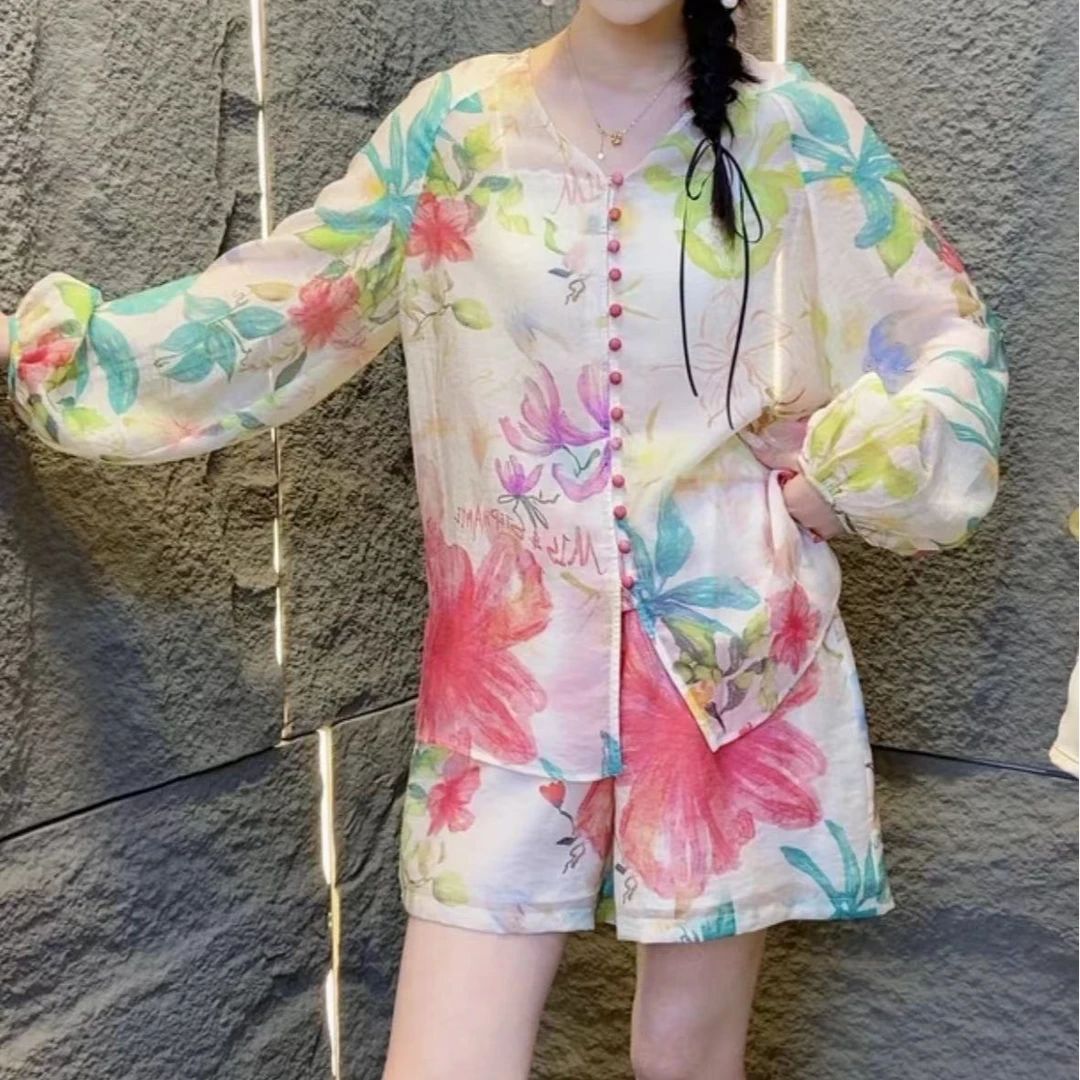 衬衫短裤套装时尚休闲百搭女士夏季宽松印花显瘦衬衣长袖薄款防晒