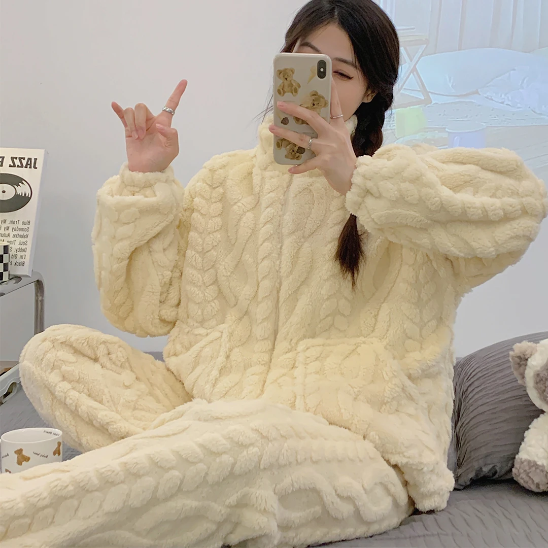 冬季新款睡衣女长毛提花绒拉链高领长袖长裤简约保暖家居服套装