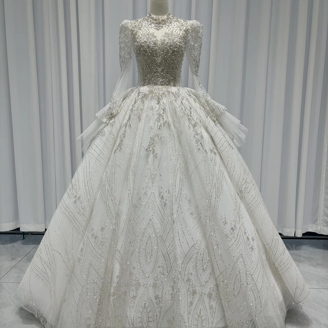 婚纱长袖主婚纱新款新娘大拖尾高级重工法式礼服小个子星空宫廷风