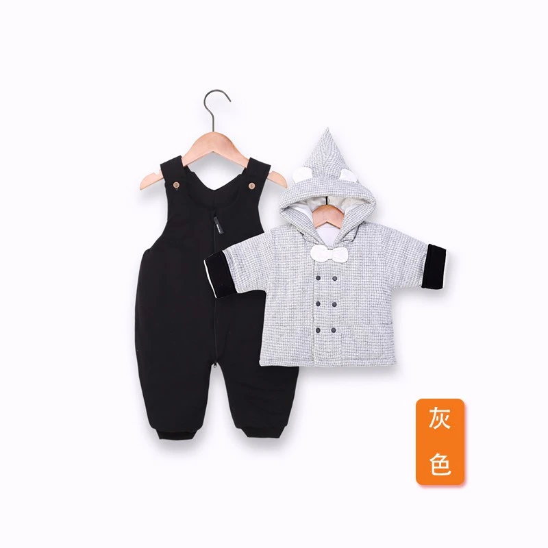 婴幼儿手工棉花棉衣套装双排扣连帽套装2025新款针织新生儿厚棉