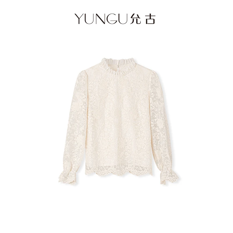YUNGU允古【多瑙河】精致百搭花边领天丝内里重工提花刺绣衬衫女