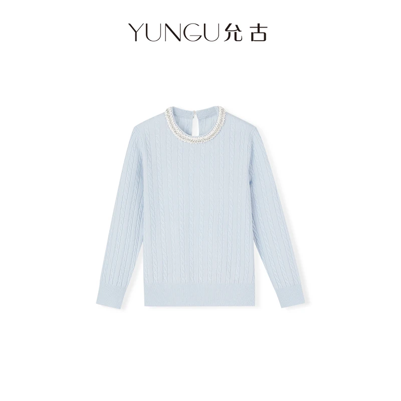 YUNGU允古 法式优雅重工手缝亮钻绵羊毛麻花针织衫秋冬上衣女D