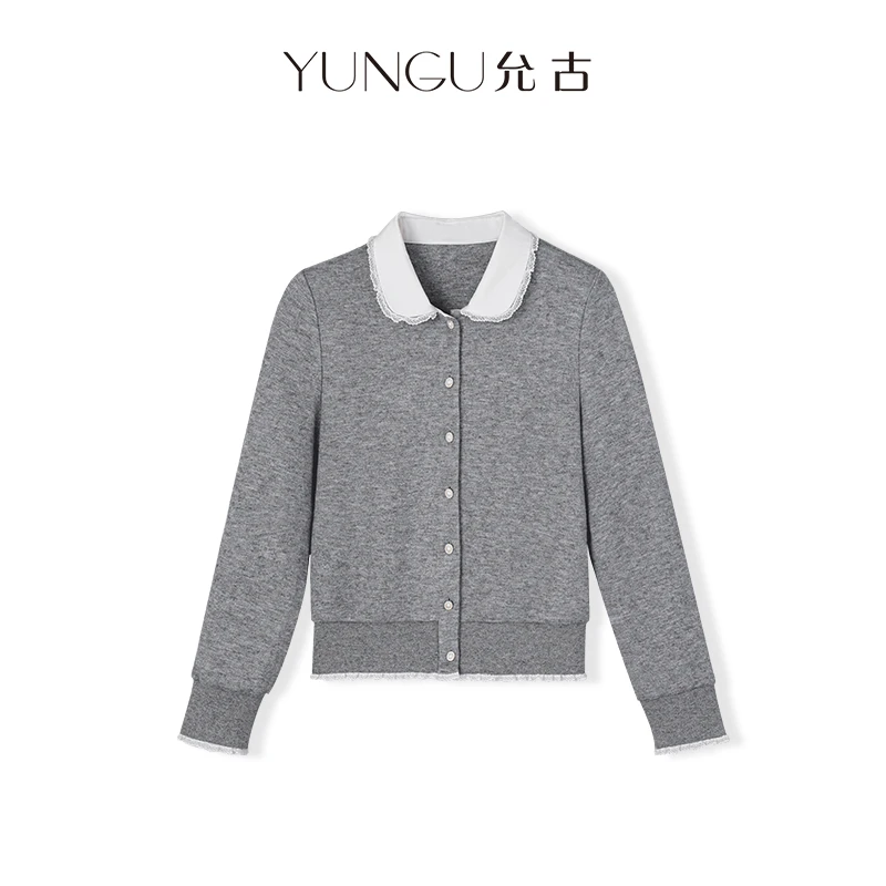 YUNGU允古【格林童话】优雅女人味通勤娃娃领花边设计针织开衫秋装C