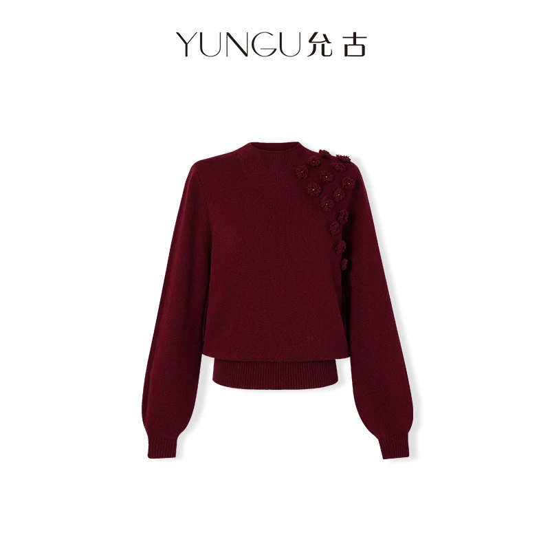 YUNGU允古【朗姆红茶】设计感重工立体花朵绵羊毛半高领针织衫秋冬D