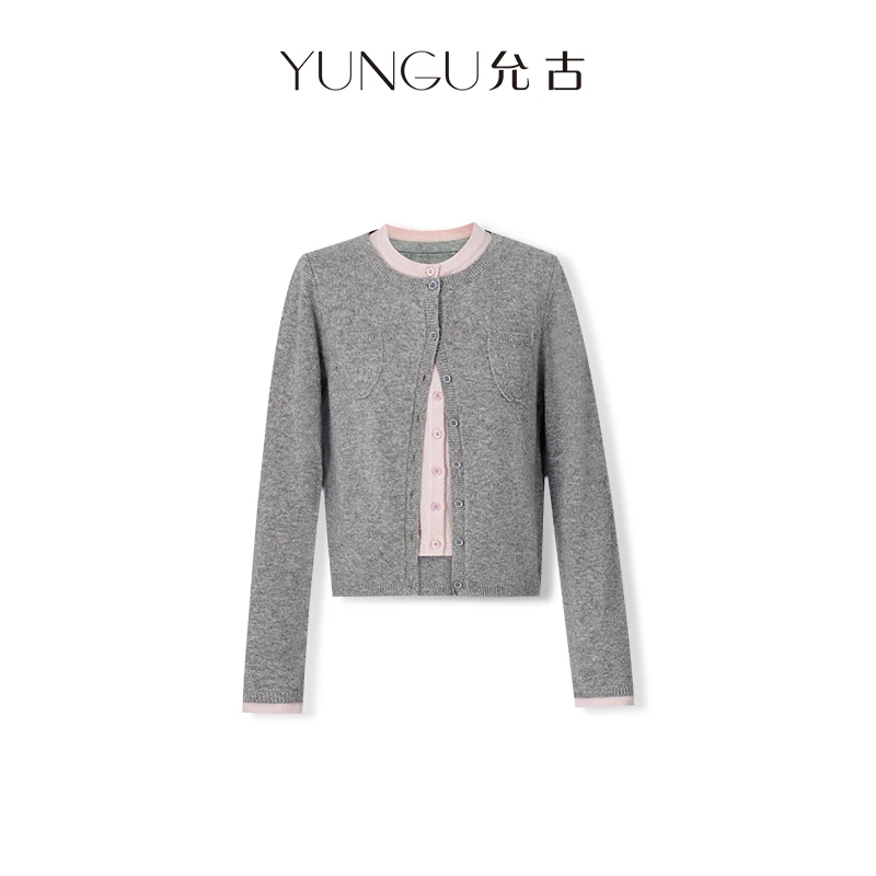 YUNGU允古【松弛老钱】通勤时尚口袋撞色设计绵羊毛假两件针织秋冬D