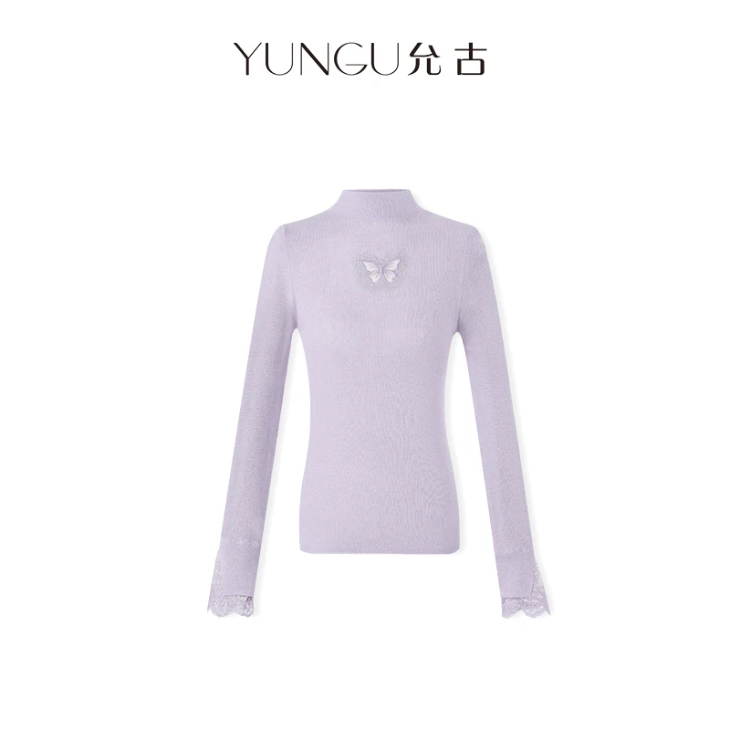 YUNGU允古【蝴蝶翩翩】优雅蝴蝶烫钻绵羊毛针织打底半高领拼接蕾丝D
