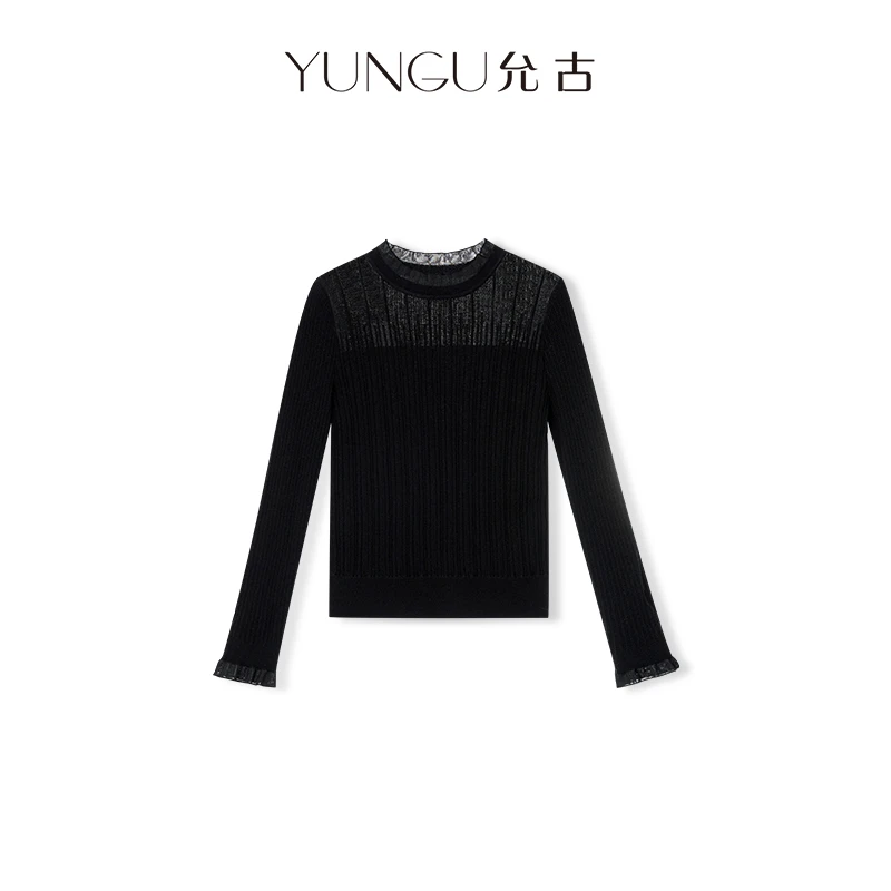允古YUNGU 百搭打底衫女内搭高贵上档次花边领长袖针织衫洋气C