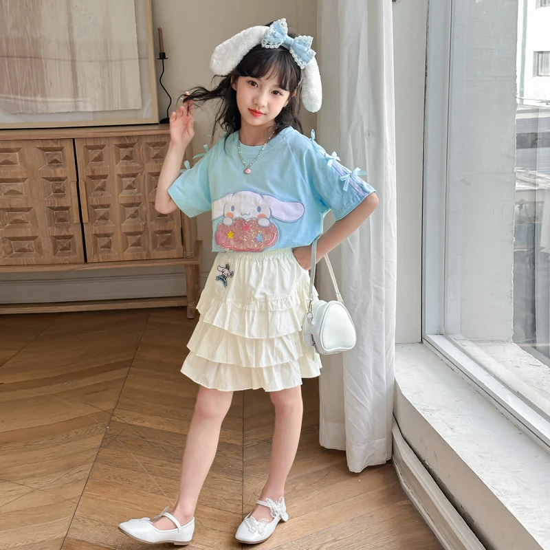 女童夏季套装2024新款洋气时髦小女孩半身裙玉桂狗短袖甜美两件套
