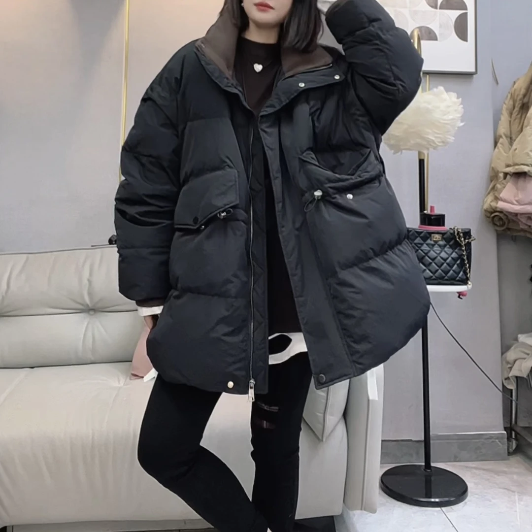 新款欧版立领慵懒抽绳拼色羽绒服1318