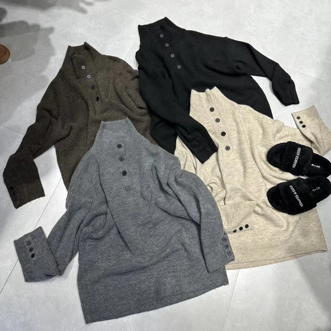 2024秋冬时尚新款简约排扣宽松高领毛衣5424