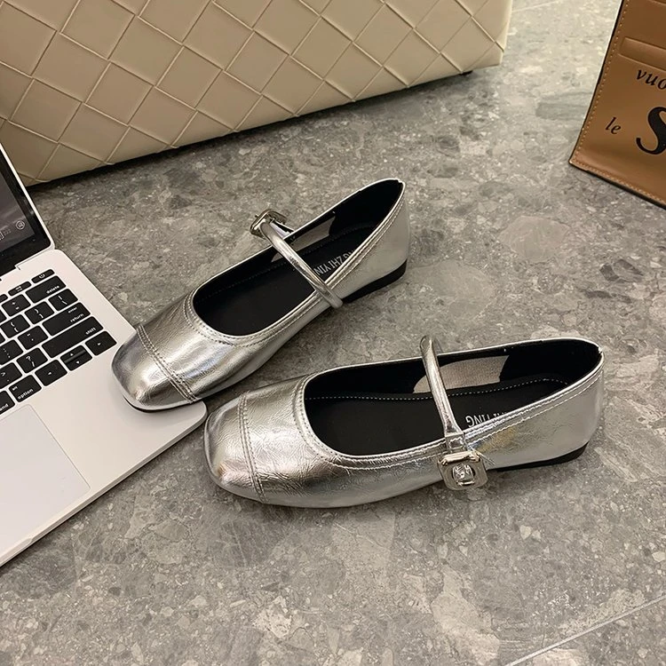 银色方头软底浅口玛丽珍鞋2024新款春夏一字带复古法式平底鞋