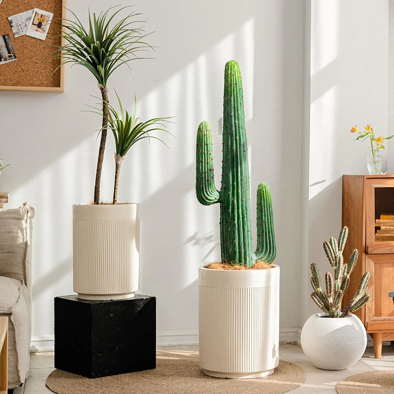掬涵镁泥花盆简约条纹客厅落地商铺植物装饰盆栽花器室内造景北欧