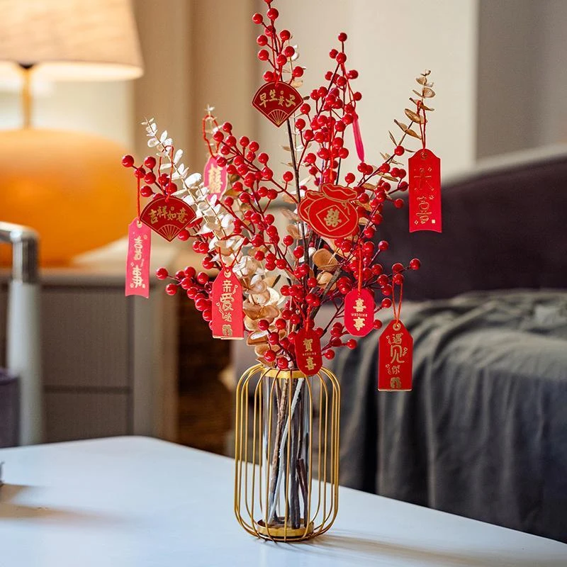 掬涵发财果红果仿真花摆设客厅新年春节乔迁装饰高档花艺婚庆摆件