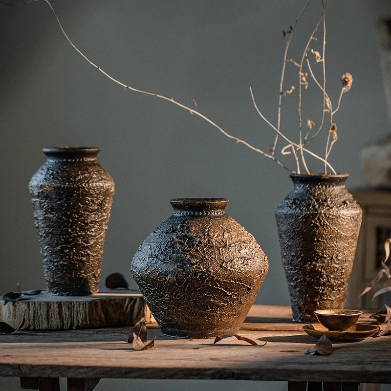 掬涵红陶花瓶绿植花盆纹理插花原生态艺术手作陶器室内装饰摆件