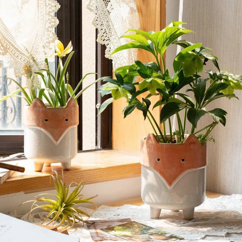 掬涵可爱陶瓷狐狸花盆创意个性卡通动物多肉植物花器庭院阳台摆件