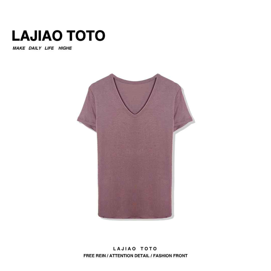 LAJIAO TOTO【女神V领T】春夏季纯色V领小众女士休闲百搭T恤#TX185